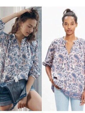 Madewell Camelia Blouse Top Shirt Paisley Silk Blend Boho Tunic Small S